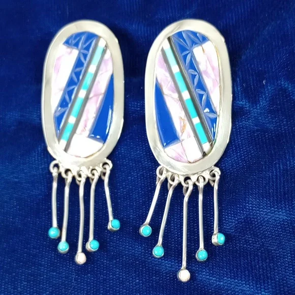 Vintage Native American Multi Stone On Sterling Silver Dangle Earrings Post - Picture 1 of 16